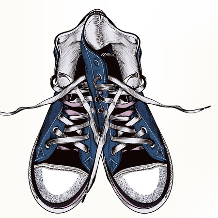 Fashion vector background with blue hipster sneakers in realistic engraved style for desigのイラスト素材