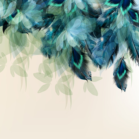 Abstract floral background with feathers and blue  shiny foliageのイラスト素材