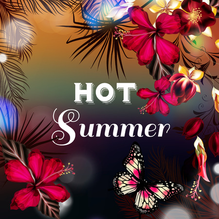 Summer vector background or illustration with palm leafs light hibiscus flowers and signature hot  summer ideal for flyer party design T-shirt prints and bannersのイラスト素材
