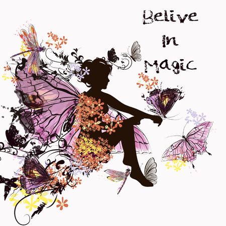 Illustration with a little fairy girl in flower dress and butterflies around herのイラスト素材