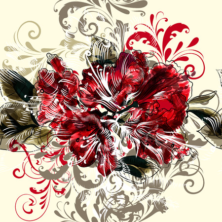 Beautiful seamless illustration with azalea  flowers and ornament in vintage styleのイラスト素材