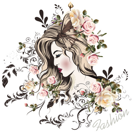 Fashion vector illustration with beautiful young long hared  woman and rose flowers on her headのイラスト素材
