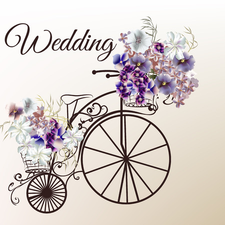 illustration in antique style with retro bicycle and flowers for wedding designのイラスト素材