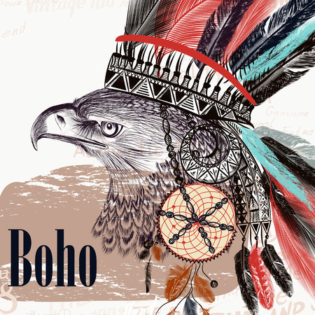 Ethnic fashion illustration with Indian head dress and eagle boho style. Be wildのイラスト素材