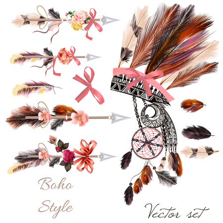 Boho fashion set from decorative elements head dress, arrows, feathers and flowers. Tribal styleのイラスト素材