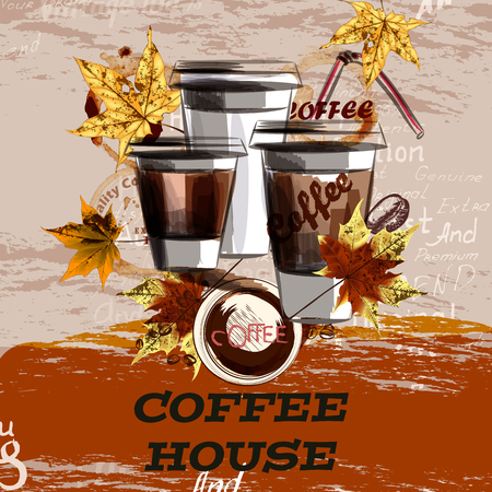 Coffee illustration with mugs and maple leafs. Coffee houseのイラスト素材