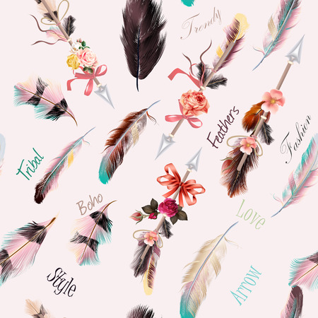 Beautiful ethnic fashion illustration with feathers boho style. Be wildのイラスト素材