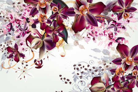 Fashion background with watercolor spots and realistic tropical orchid flowersのイラスト素材