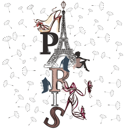 Fashion illustration with Eifel tower, shoes, girl and dandelions for designのイラスト素材