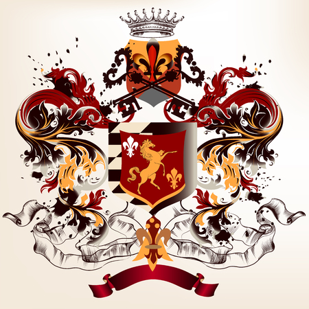 Heraldic design in vintage style with shield, crown and ornamentのイラスト素材