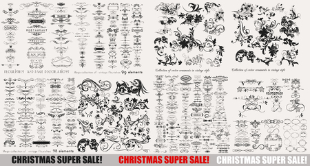 Huge mega super big collection of vector calligraphic elements and page decorations in retro styleのイラスト素材