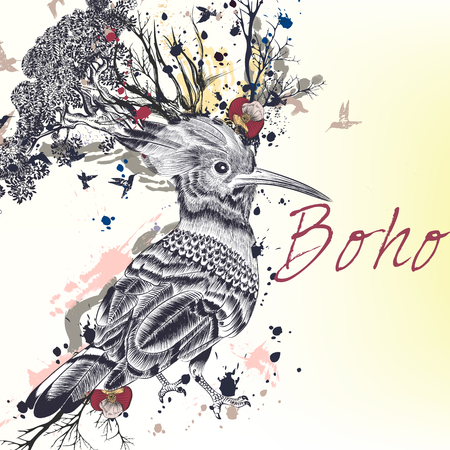 Art boho illustration with hand drawn bird, flowers, butterflies and branches. Ideal for T-shirt printsのイラスト素材