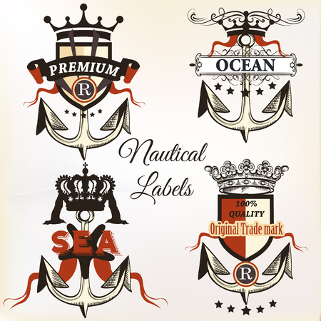 Collection of vector antique nautical logotypes or label with anchor, wings and crown. Ideal for T-shirt designs or badgesのイラスト素材