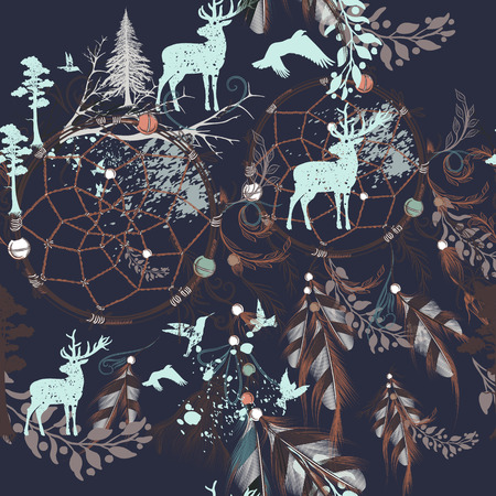 Fashion tribal Illustration with dreamcatcher and feathers. Beautiful patternのイラスト素材