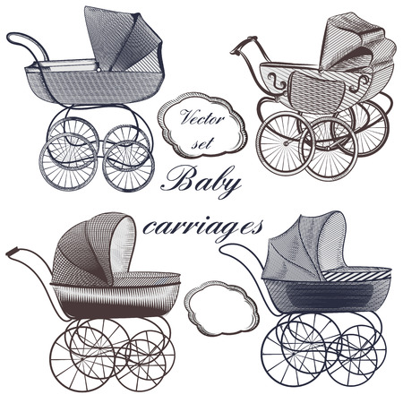 Set of vector baby prams hand drawn in engraved styleのイラスト素材