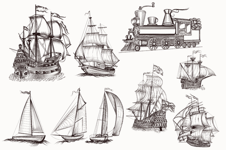 Huge collection of vector hand drawn high detailed ships and trainのイラスト素材