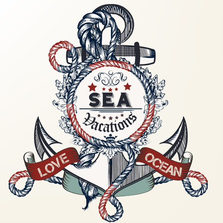 Anchor drawn in vintage style with rope and frameのイラスト素材