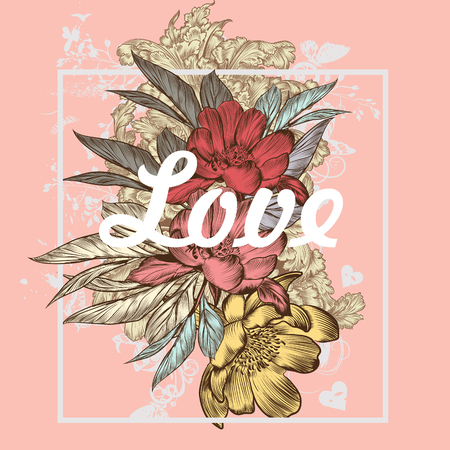 Beautiful print with flowers in pink colors ideal for T-shirts or greeting save the date cardsのイラスト素材