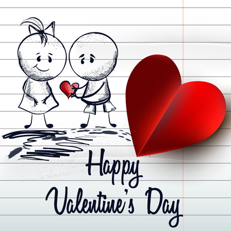 Cute valentine's Day background with hand drawn couple and heart on a paper sheetのイラスト素材