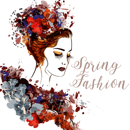 Fashion illustration with painted female portrait. Spring trendy backgroundのイラスト素材
