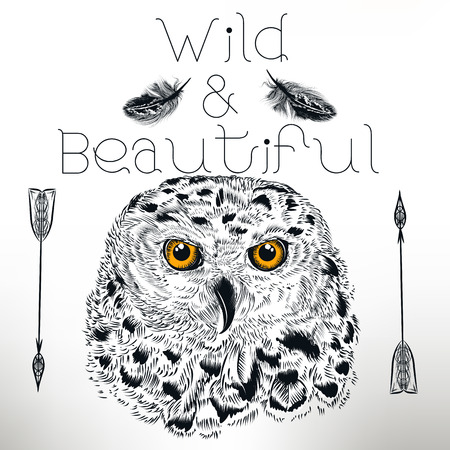 Fashion illustration with white owl with yellow eyes. Wild and beautifulのイラスト素材
