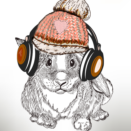 Hipster fashion illustration with rabbit listen music in headphones. Ideal for T-shirt prints designsのイラスト素材