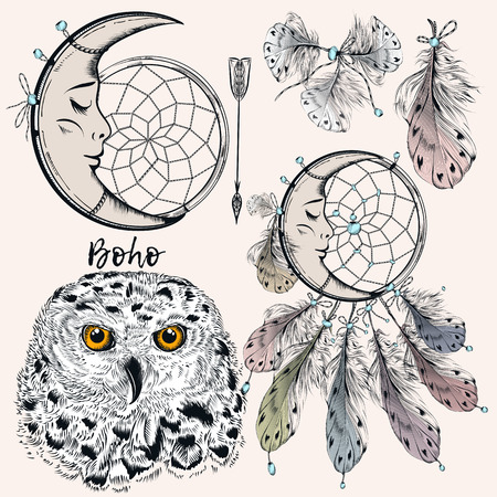 Boho vector set from dreamcatcher, feathers, owl and arrowのイラスト素材