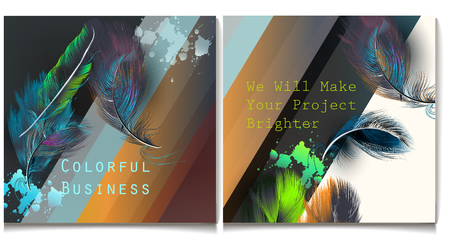 Business report brochure flyer design template vector cover presentation abstract style with colorful realistic feathersのイラスト素材