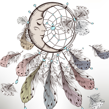 Boho tribal fashion illustration with dreamcatcher and feathersのイラスト素材