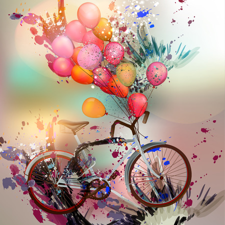 Creative vector illustration with ink spots, balloons and bicycleのイラスト素材
