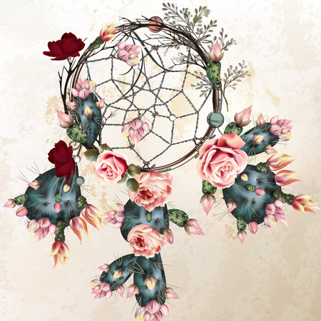 Grunge vector boho background with Indian dreamcatcher and rose flowers in vintage styleのイラスト素材