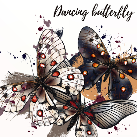 Butterfly fashion  illustration with butterflies and ink spotsのイラスト素材