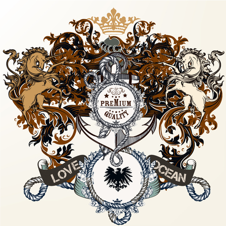 Heraldic design with lion, shield and griffin and anchor. Marine themeのイラスト素材