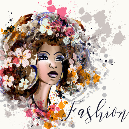 Beautiful fashion illustration in watercolor style with portrait of a girl with flowers and ink spotsのイラスト素材