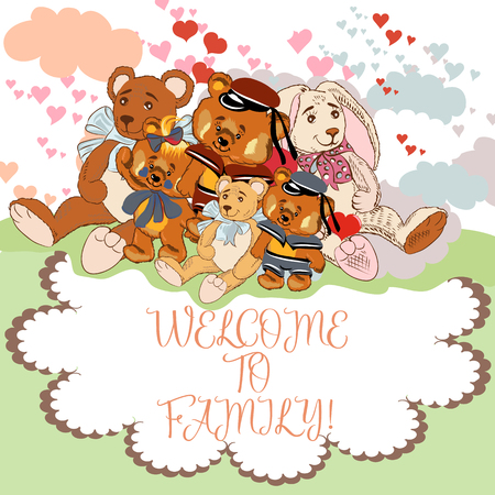 Cute children card with pretty animals. Welcome to familyのイラスト素材