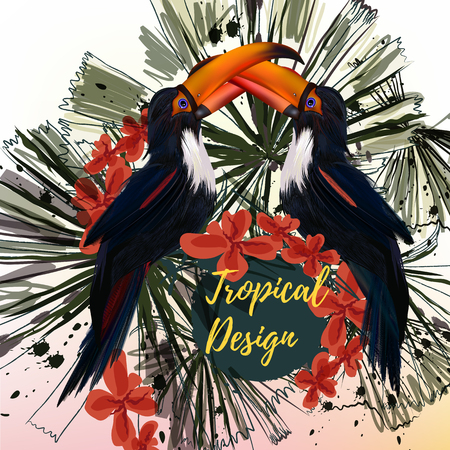 Illustration or poster on tropical theme with palm leafs and toucanのイラスト素材