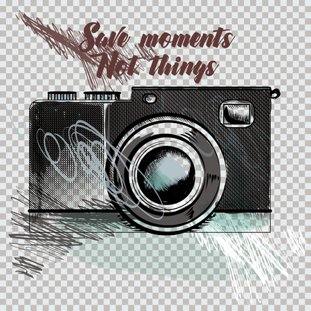 Hipster fashion background with hand drawn camera. Collect moments not thingsのイラスト素材