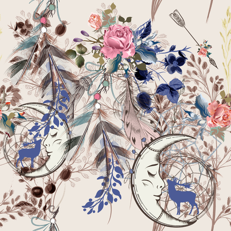 Beautiful boho pattern in vintage romantic tribal style with feathers, flowers and arrowsのイラスト素材