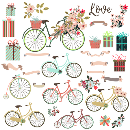 Big cute collection of save the date elements or valentine with bicycle and flowersのイラスト素材