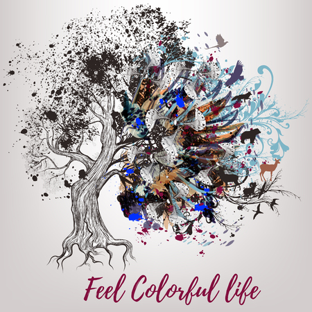 Illustration with colorful hand drawn tree for designのイラスト素材