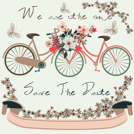 Beautiful vector invitation card save the date with cute bicycles and flowers for designのイラスト素材