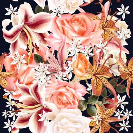 Beautiful floral pattern with roses and lily in watercolor style vector illustrationのイラスト素材