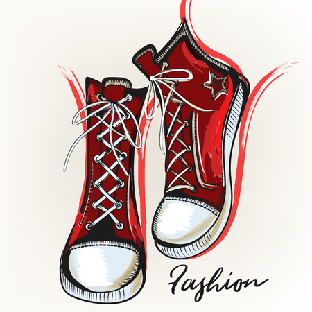 Fashion illustration with red sneakers and ink spots. Outfitのイラスト素材