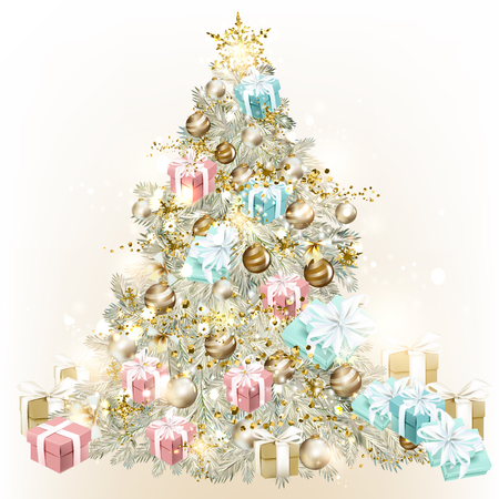 Christmas tree decorated by baubles and giftsのイラスト素材