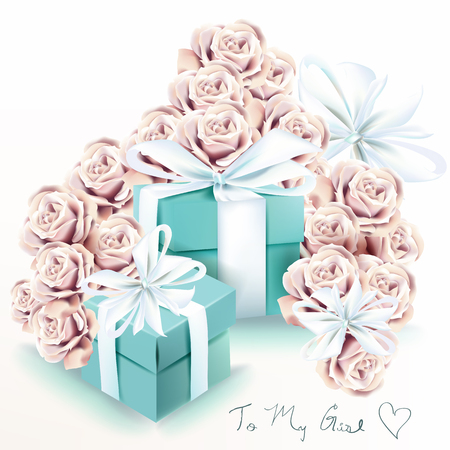 Cute fashion illustration with rose flowers and blue gift boxes. Valentine's day cardのイラスト素材