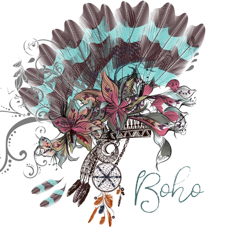 Art boho with flowers and feathers.のイラスト素材