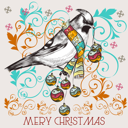 Christmas greeting card with bird in vintage styleのイラスト素材