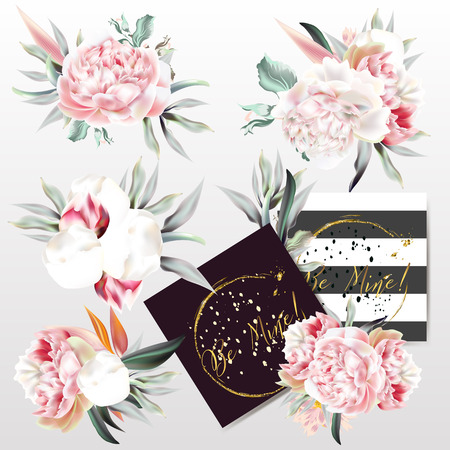 Collection of vector peony flowers with greeting cards.のイラスト素材