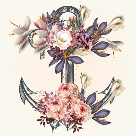Anchor decorated by spring flowers ideal for labels for logotype or print design in vintage styleのイラスト素材
