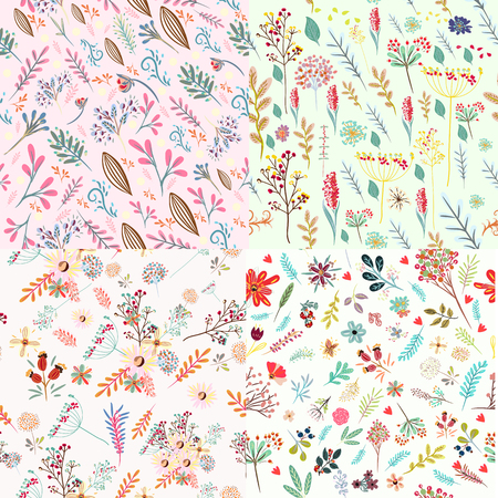 Big set of floral cute patterns with colorful rustic pastel flowersのイラスト素材